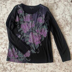 Black Floral Studded Top Y2K Stretch Long Sleeve Size Medium